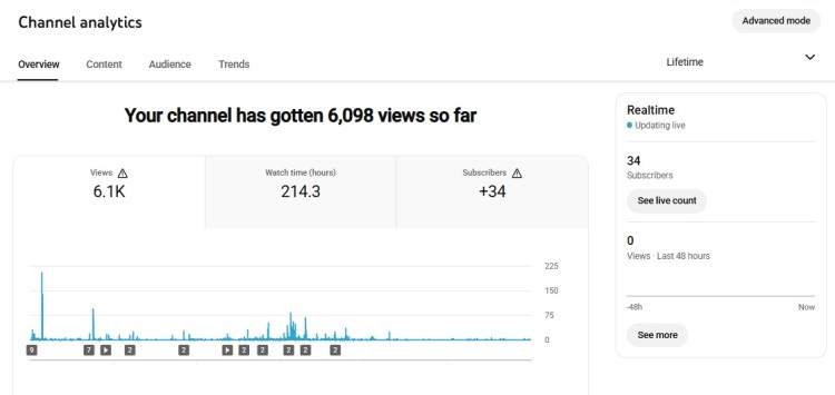 YouTube analytics dashboard showing channel performance with views, watch time, subscribers, and realtime data.