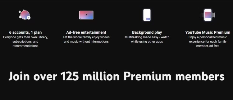 Promotional banner highlighting youtube app Premium features including ad-free entertainment, background play, YouTube Music Premium, and multi-account access for families