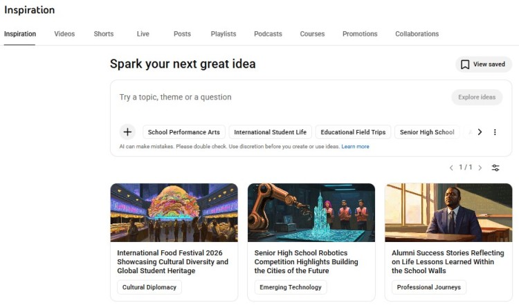 YouTube inspiration dashboard showing youtube content ideas, topics, and suggestions to spark new video creation
