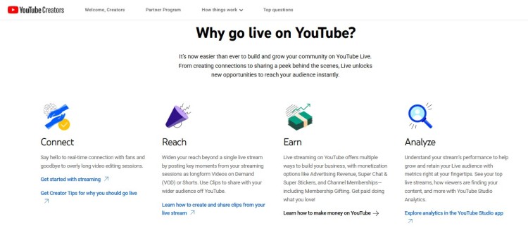 Guide for youtube creators explaining why to go live, highlighting benefits like connecting with audiences, expanding reach, earning revenue, and analyzing performance