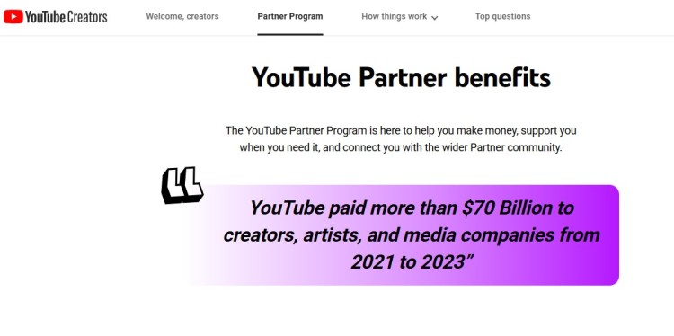 YouTube partner program benefits page showing creator earnings and how the youtube partner program helps monetize content.