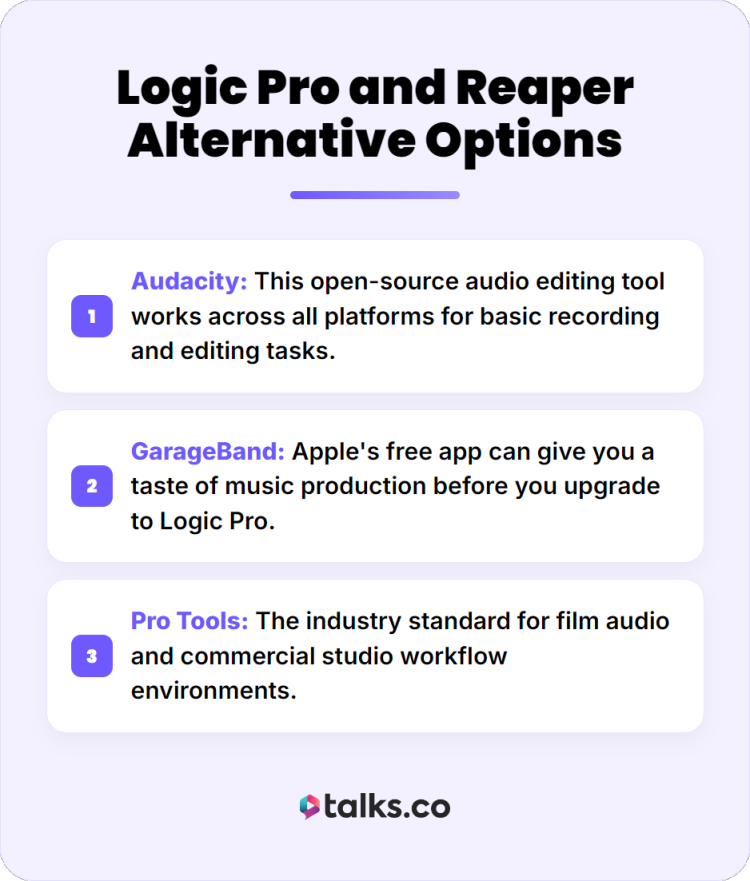 Infographic comparing different DAWs including Audacity, GarageBand, and Pro Tools as alternatives to Logic Pro and Reaper.