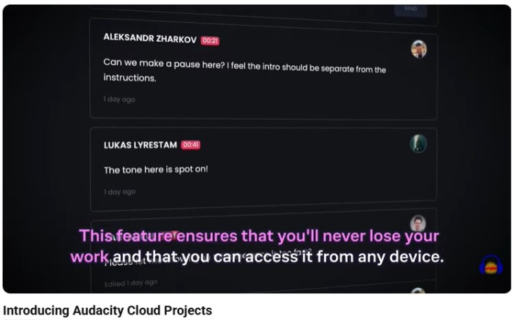 Audacity allows cloud project collaboration with comments, shared feedback, and access to audio projects from any device.