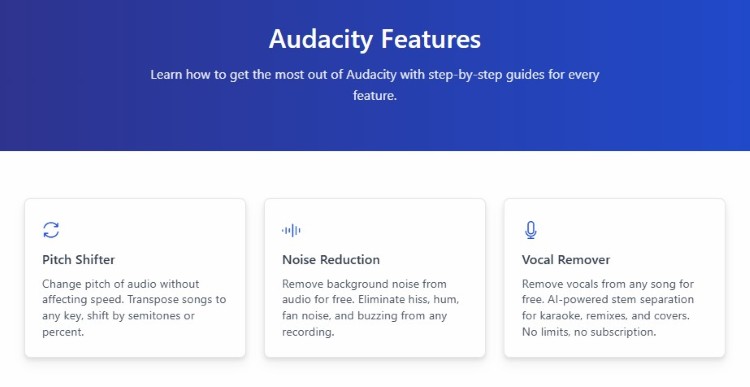 Audacity faqs and features page showing tools like pitch shifter, noise reduction, and vocal remover