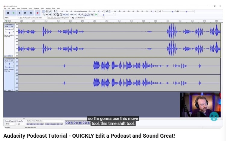 Audacity podcast editing tutorial showing waveform editing tools and timeline controls