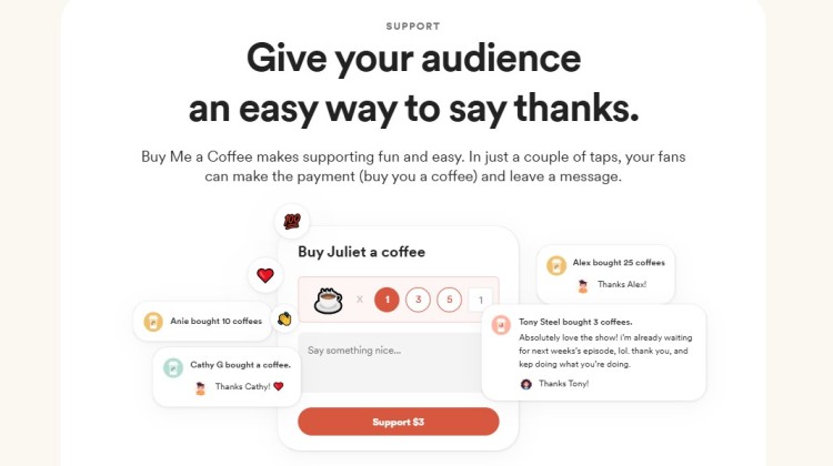 Buy Me a Coffee interface designed for creators showing an easy way for audiences to send tips and messages of support