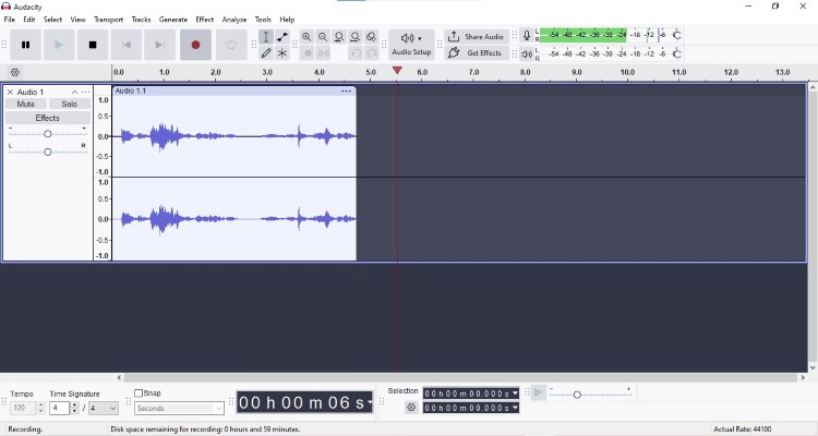 Audacity audio editor interface displaying waveform tracks for recording and editing audio