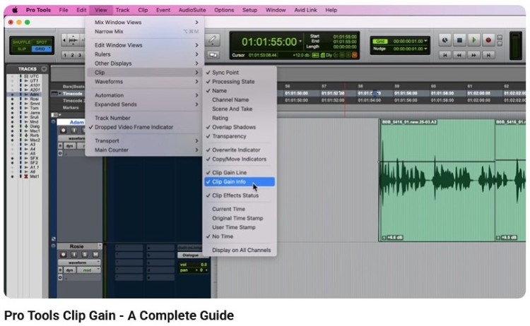 Screenshot showing how Pro Tools uses clip gain controls for audio waveform editing