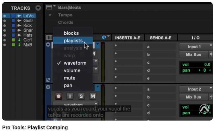 Screenshot demonstrating a feature that Pro Tools provides for playlist comping and vocal editing