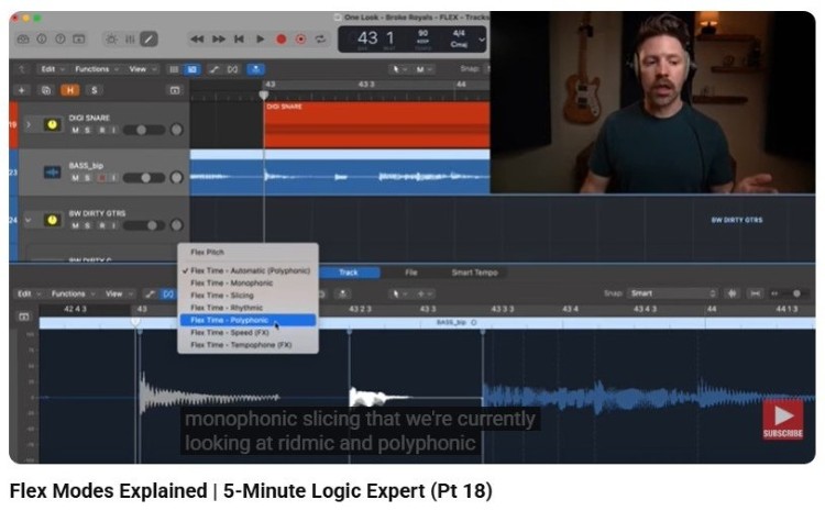 Tutorial showing features in Logic Pro including Flex Time editing and audio stretching tools