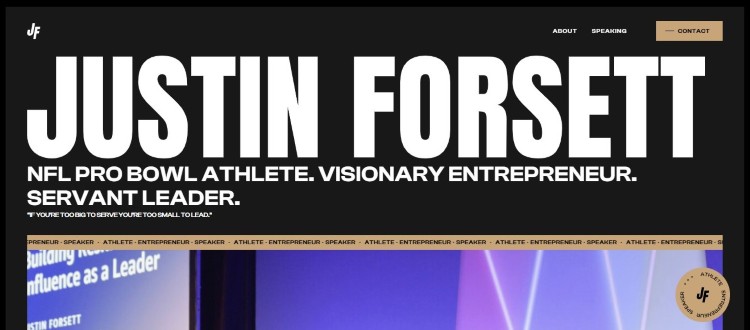 Justin Forsett homepage example showing a great speaker’s website with bold typography and personal branding
