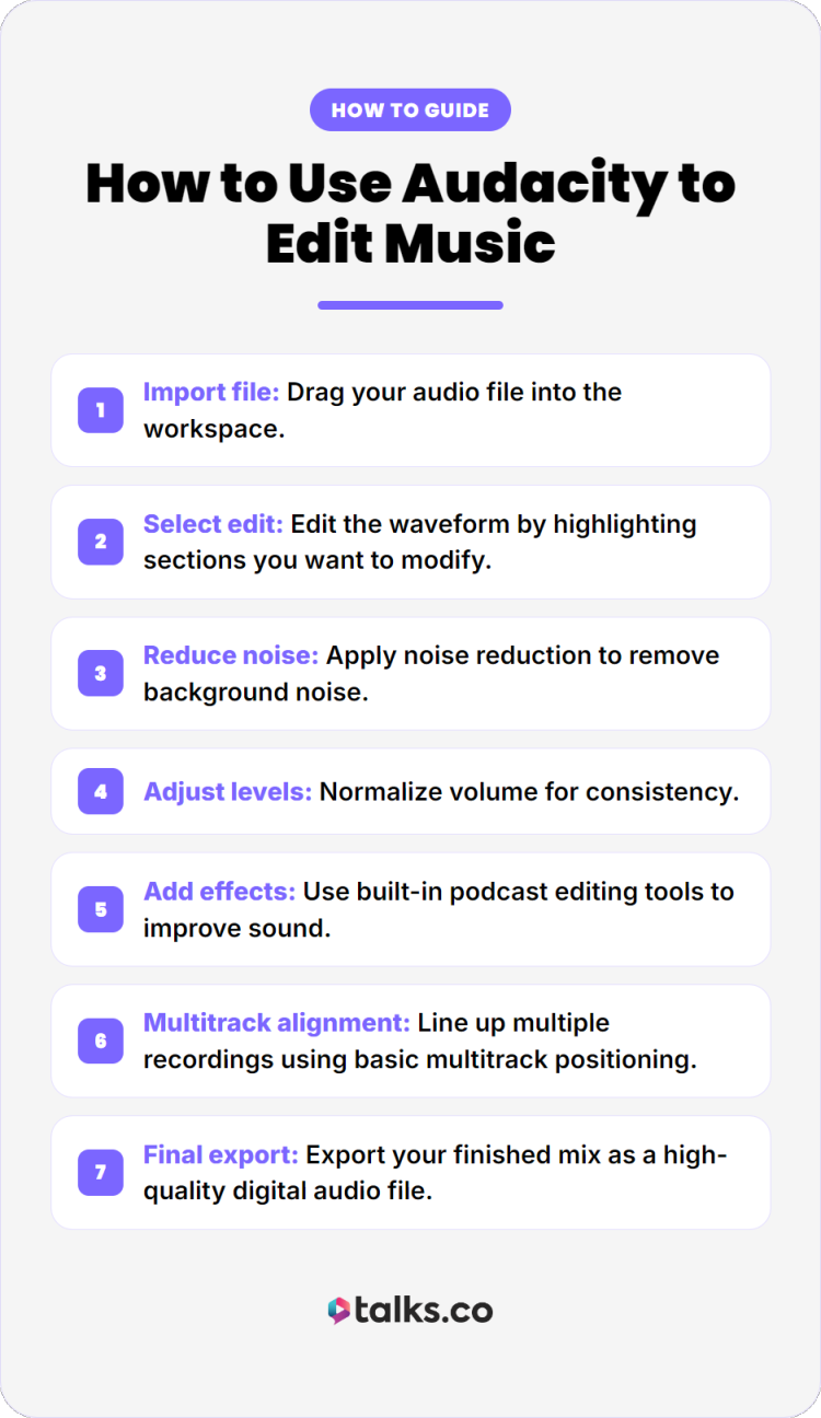 Infographic for people new to audio editing showing how to use Audacity to edit music and improve sound quality