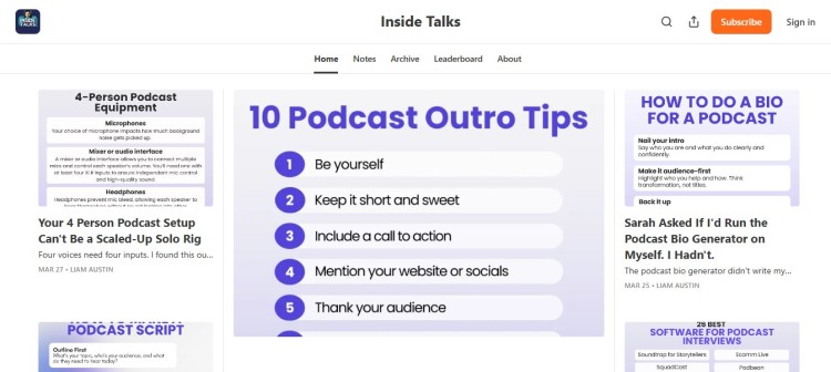 Inside Talks newsletter showing podcast tips and resources that help creators improve their shows, scripts, bios, and interviews.