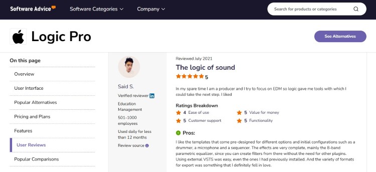 Review page showing Logic Pro popularity among music producers and audio creators