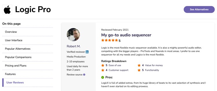 Logic Pro DAW review page highlighting audio sequencing features, ease of use, functionality, and music production capabilities.