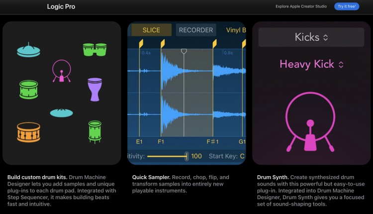 Logic Pro interface showcasing music production functionality including drum machine tools, sampler features, and drum synth controls.