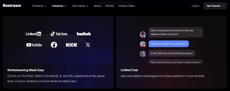 Restream platform showing multi streaming support across YouTube, Twitch, Facebook, Kick, and other platforms
