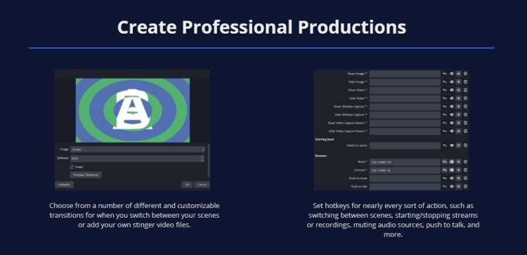 OBS production interface showing customizable setting controls for scene switching, transitions, audio management, and livestream production.