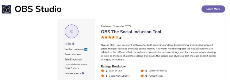 OBS Studio review page discussing support, usability, and live broadcasting features