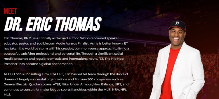 Eric Thomas website featuring one of the best known motivational speakers and keynote presenters
