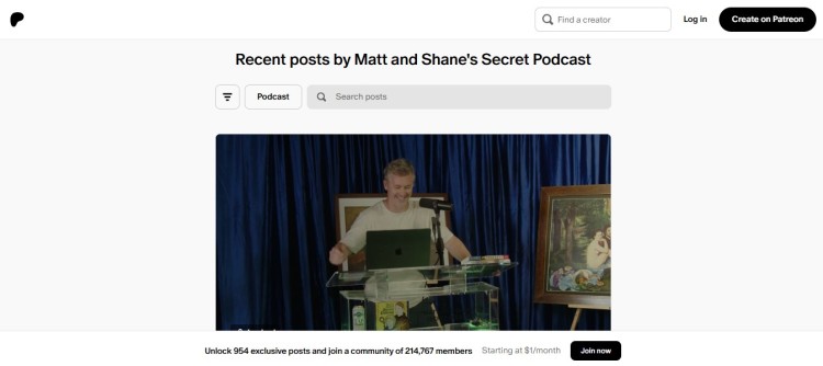 Patreon content example showing recent podcast posts from Matt and Shane’s Secret Podcast with exclusive posts available to paying members.