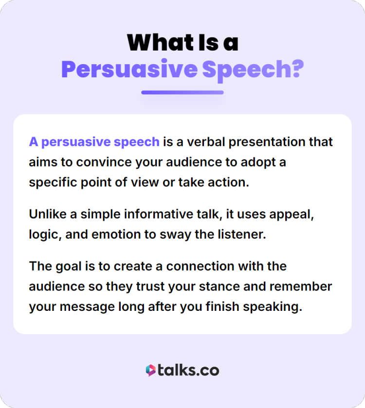 Infographic providing a persuasive speech definition and explaining how persuasive speaking uses logic, emotion, and audience connection.