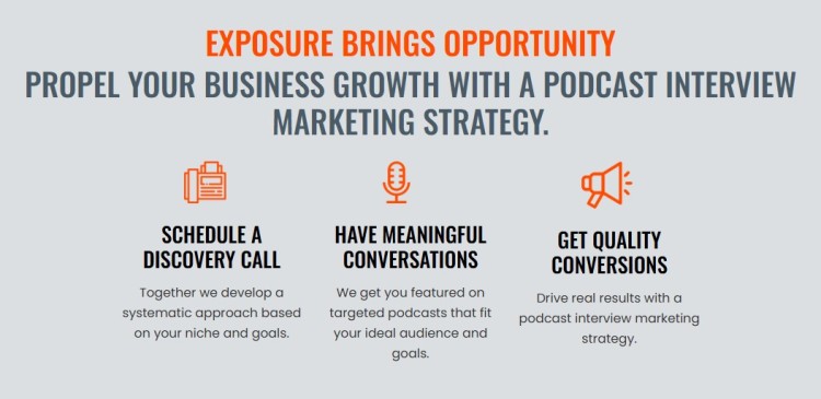 Marketing graphic explaining how podcast exposure helps businesses grow through interviews, conversations, and quality lead generation.