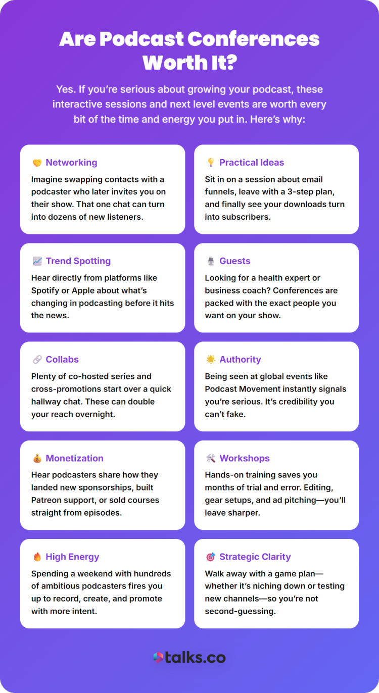 Podcaster conference benefits infographic showing networking, monetization, workshops, collaborations, and strategic growth opportunities.