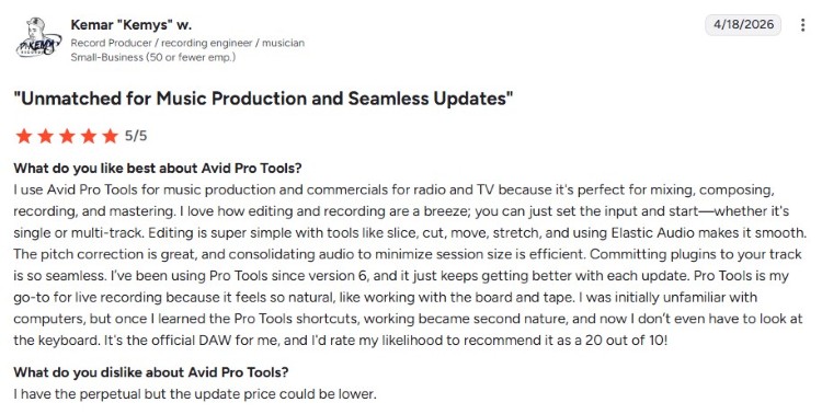 Customer review describing pro recording workflows and music production with Avid Pro Tools