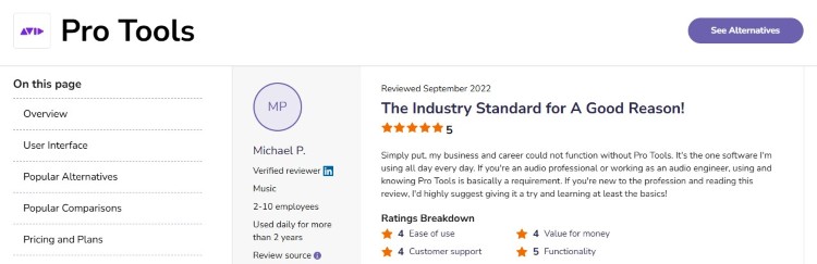 Pro Tools review page explaining why many producers like Pro Tools for studio production