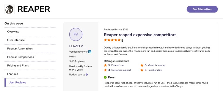 User review page for the Reaper DAW highlighting functionality, ease of use, pricing, and comparisons with other music production software.