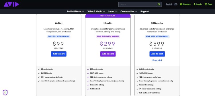 Avid pricing page showing a range of features across Artist, Studio, and Ultimate music production plans