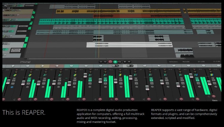 REAPER digital audio workstation showing multitrack editing and mixing controls