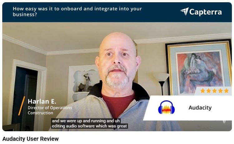 Customer review discussing recording audio with Audacity for editing and production work