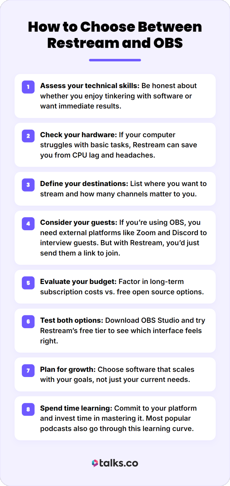 Infographic explaining how to choose between Restream and OBS for screen sharing and live streaming