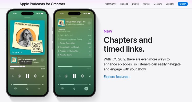 Apple Podcasts for Creators page showing chapters and timed links for a podcast to Apple Podcasts submission