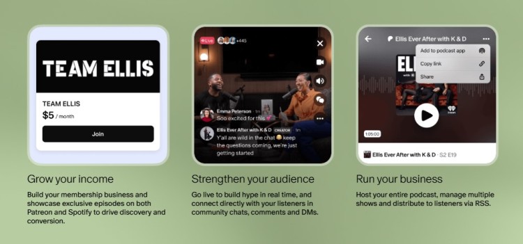 Thrive on Patreon example showing creator tools for podcast memberships, audience engagement, and managing exclusive episodes.