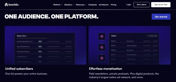 Beehiiv dashboard showing subscriber management and monetization features that Beehiiv allows creators to manage in one place