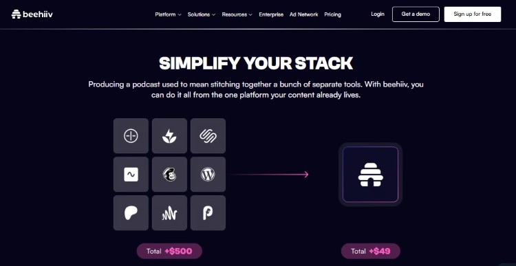 Beehiiv dashboard showing how its ecosystem replaces multiple newsletter, podcast, and creator tools in one platform