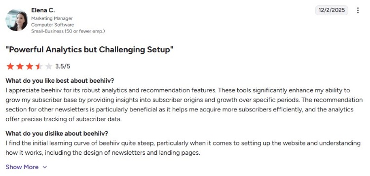 Customer review explaining where Beehiiv excels with analytics, recommendations, and subscriber growth tools
