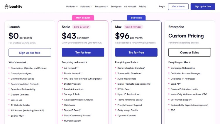 Pricing table showing Beehiiv platform tiers including a free plan option for creators