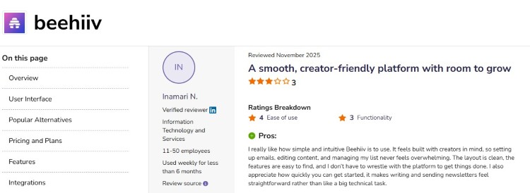 Reviewer describing how Beehiiv makes newsletter publishing and audience growth easier for creators