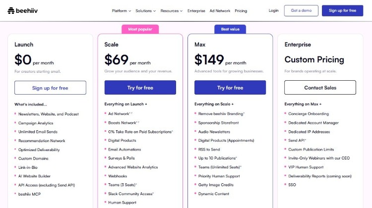 Beehiiv pricing page showing that Beehiiv offers a free plan alongside paid tiers