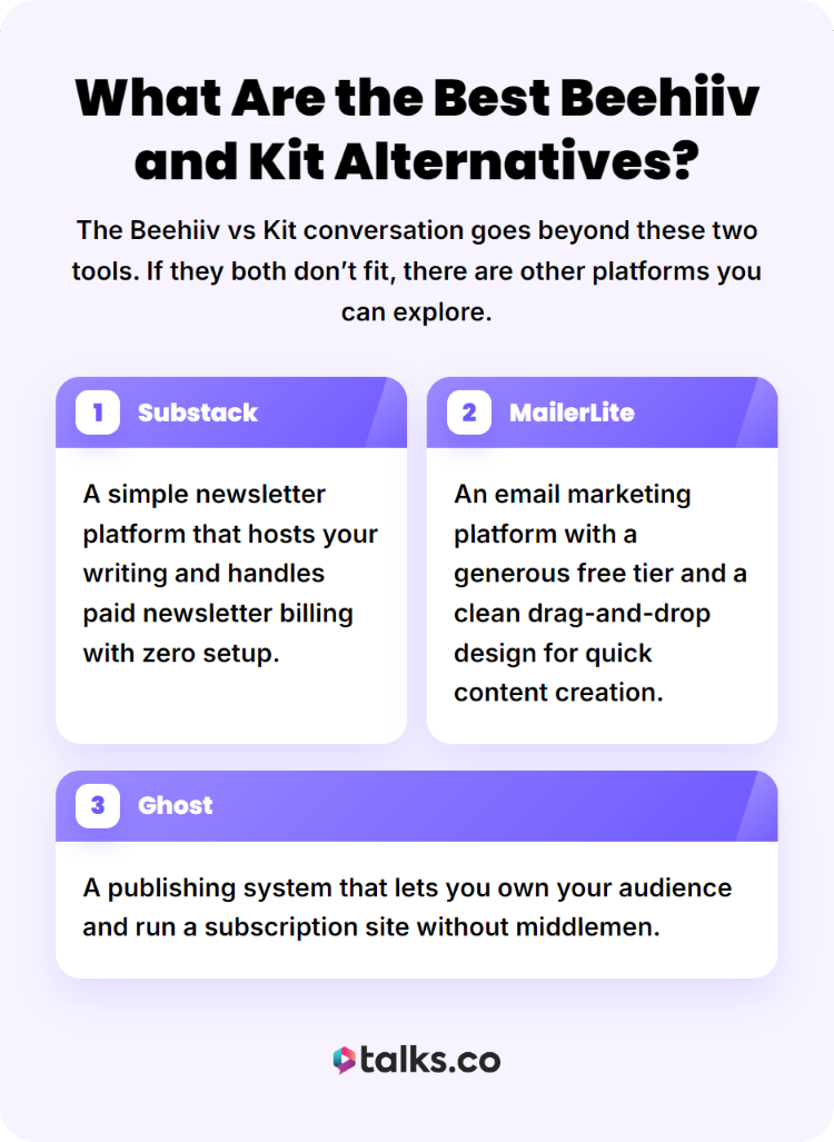 Comparison graphic showing newsletter platform alternatives that may be better for creators depending on their goals