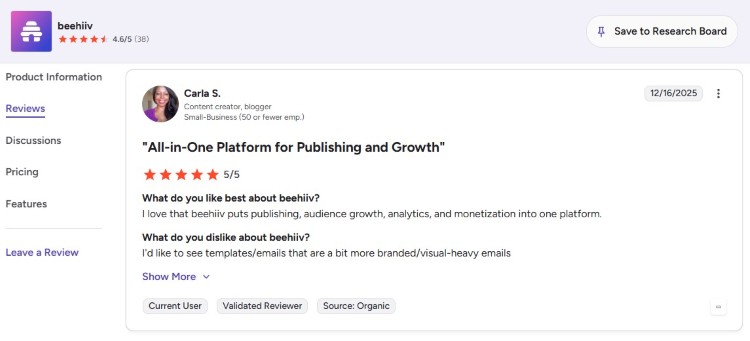 Customer review explaining how Beehiiv provides publishing, analytics, and monetization features in one platform