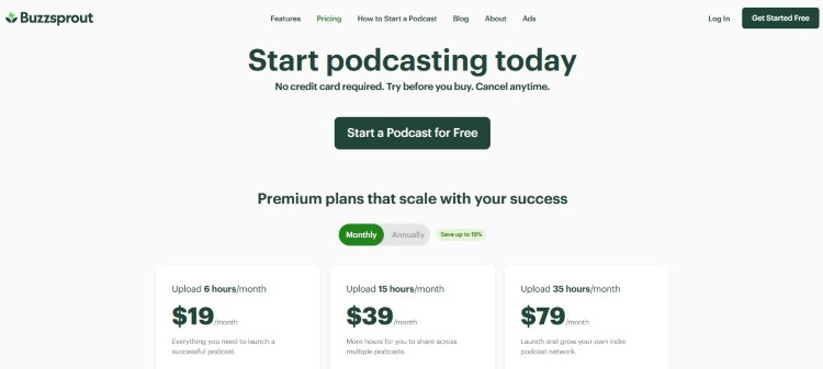 Podcast hosting website showing multiple subscription tiers and upload limits for creators