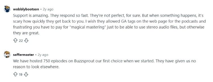 Community discussion highlighting Buzzsprout platform feature and customer support experience