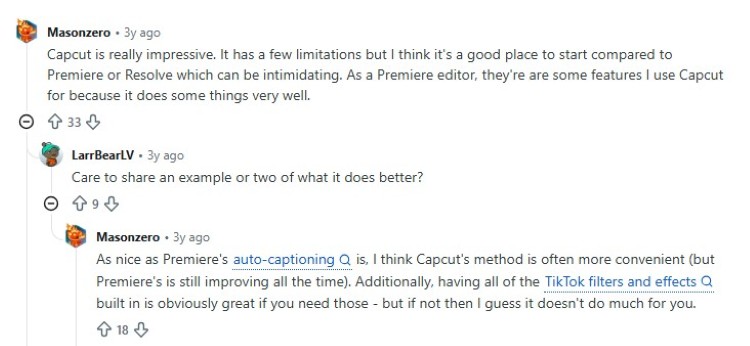 Reddit discussion comparing CapCut and professional editors, highlighting benefits especially for beginners