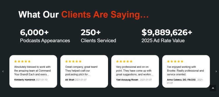Testimonial section where clients highly recommend Command Your Brand based on podcast appearance results and campaign performance