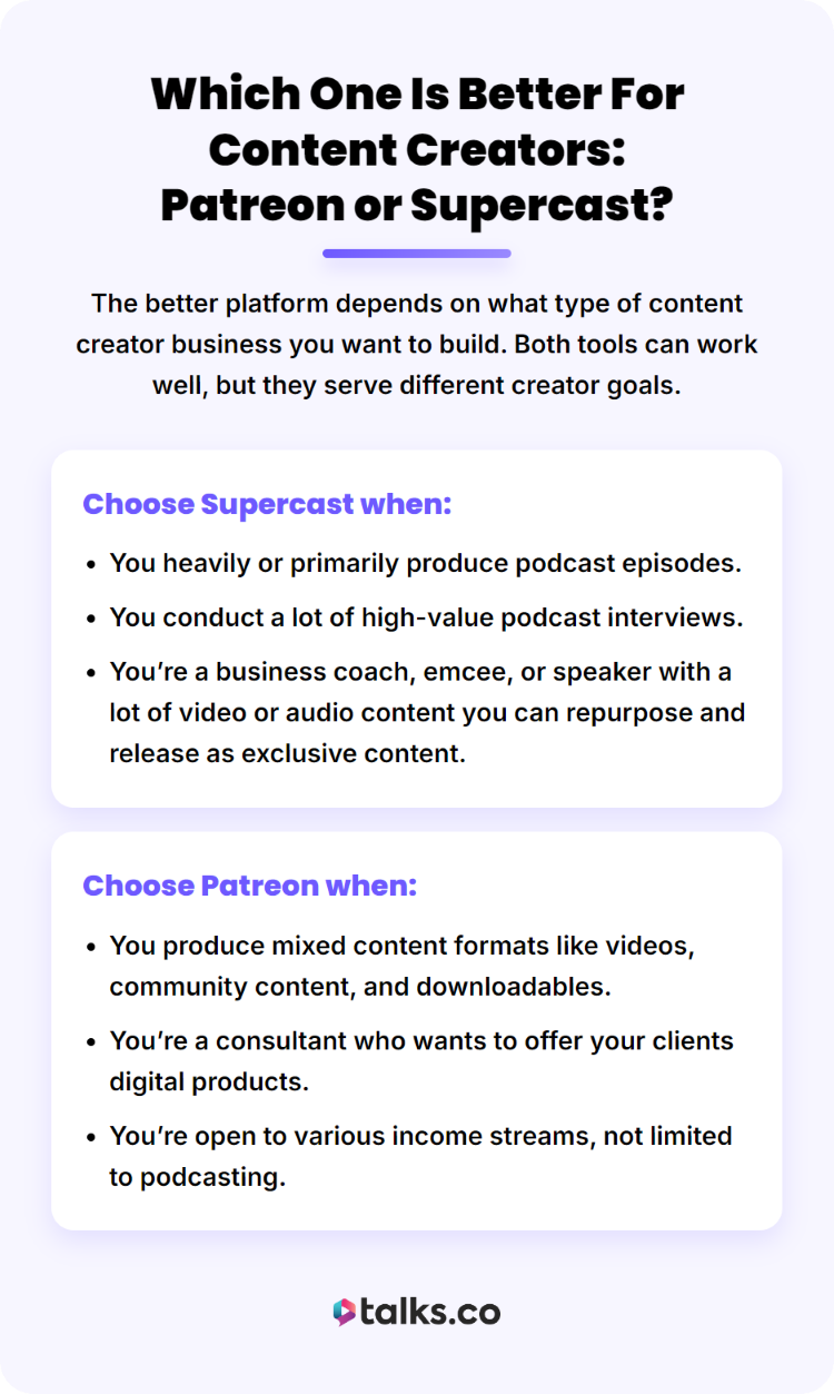 Decision guide that helps creators compare Patreon vs Supercast based on content type and monetization goals
